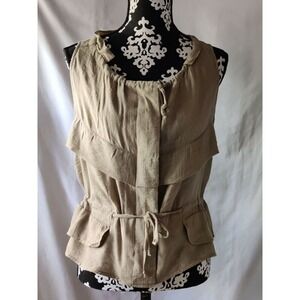 Coco Cabana Tan Khaki Ruffle Utility Vest Drawstring Waist Small Cotton Blend